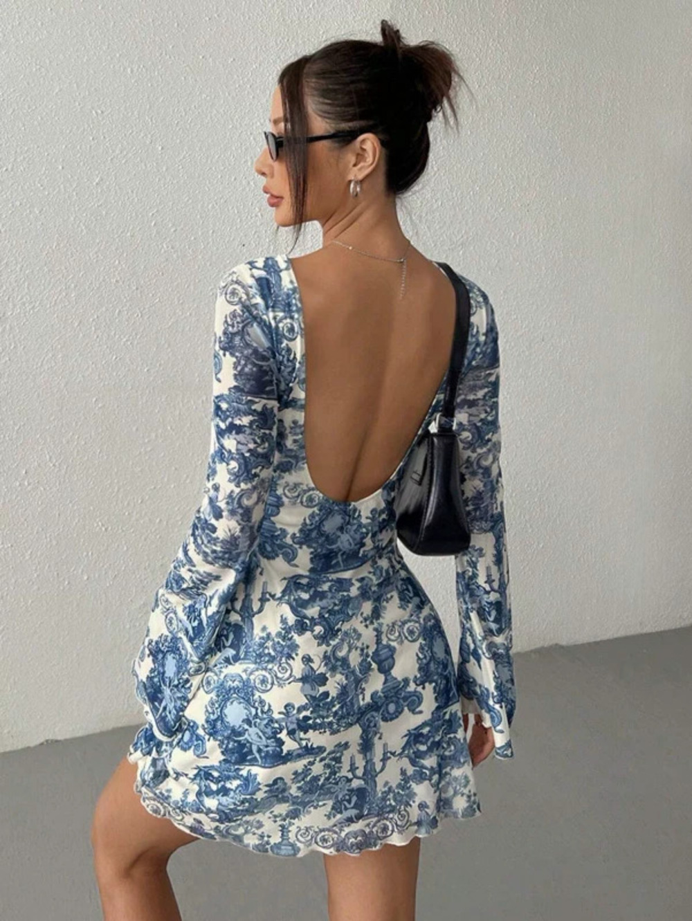 ZARA Women Spring Summer Printed Flared Sleeve Backless Mesh Dress